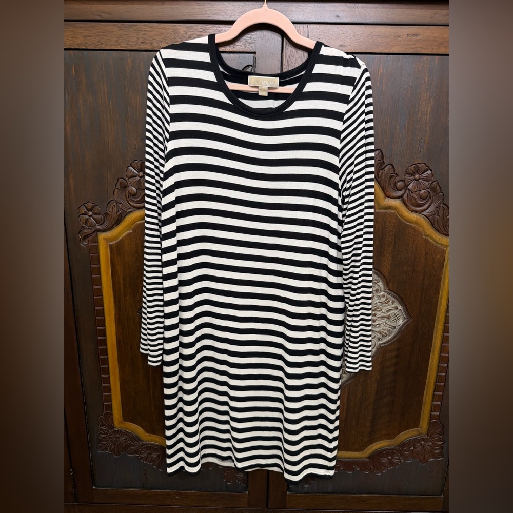 Michael Kors Black and White Striped Long Sleeve Dress